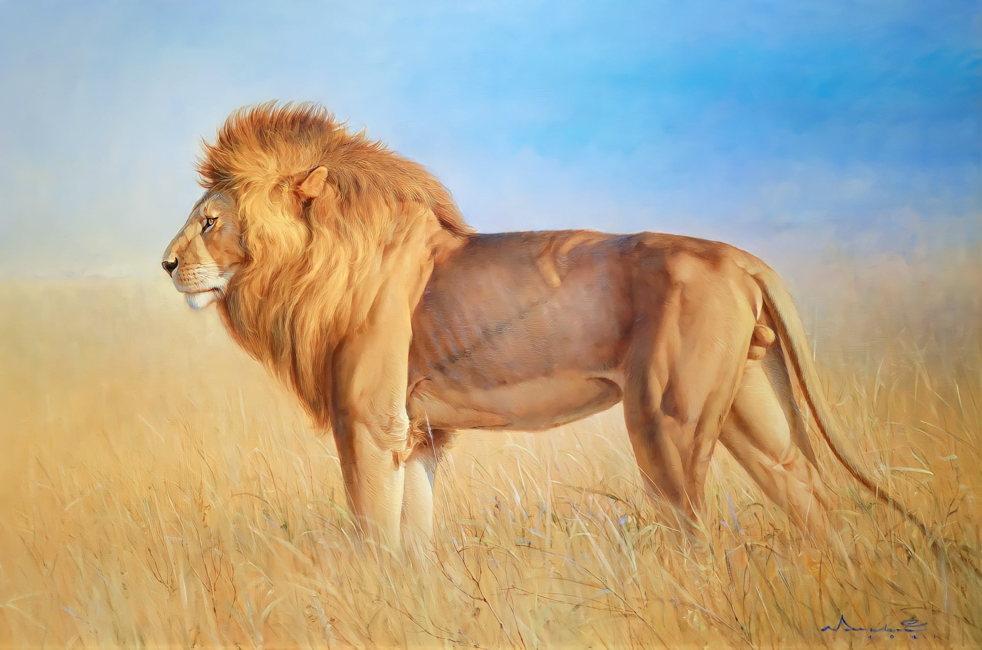Lion dans la savane - 180 x 130 cm