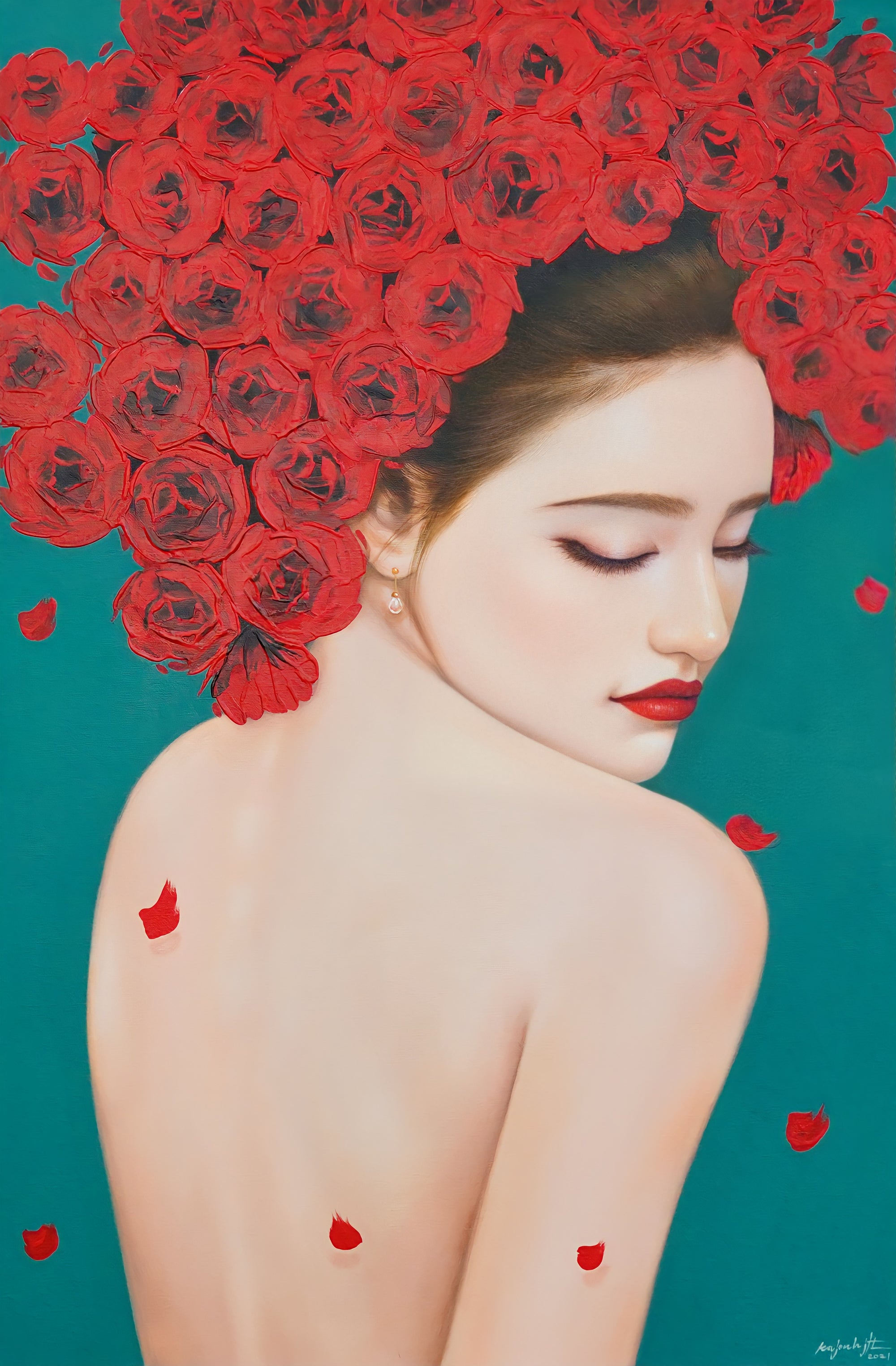 Femme fragile avec des roses - 60 X 90 cm