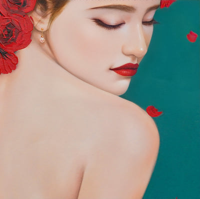 Femme fragile avec des roses - 60 X 90 cm