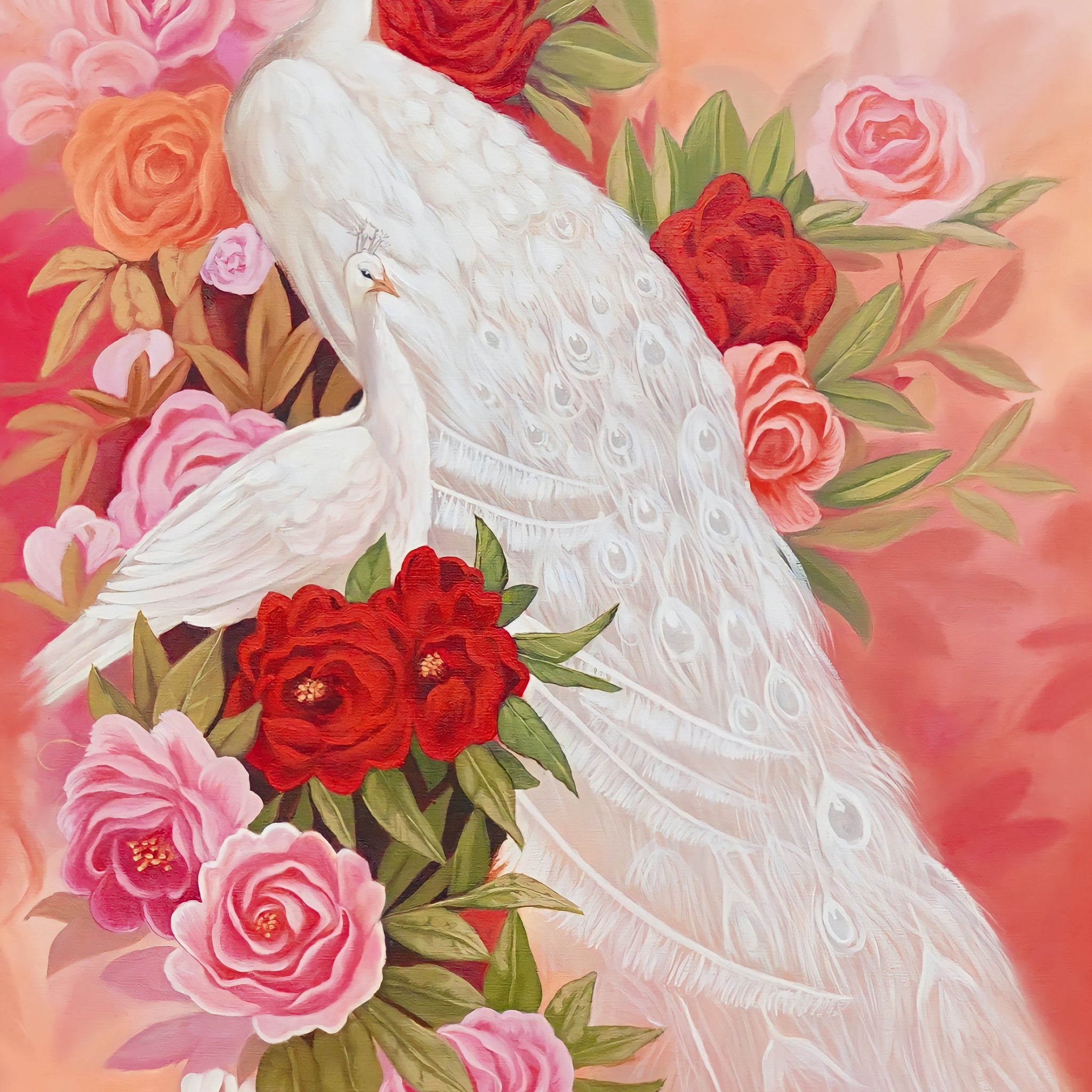 Amour et paon blanc - 60 x 90 cm