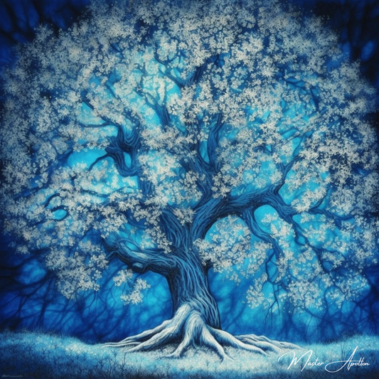 Tableau arbre bleu feuille blanche