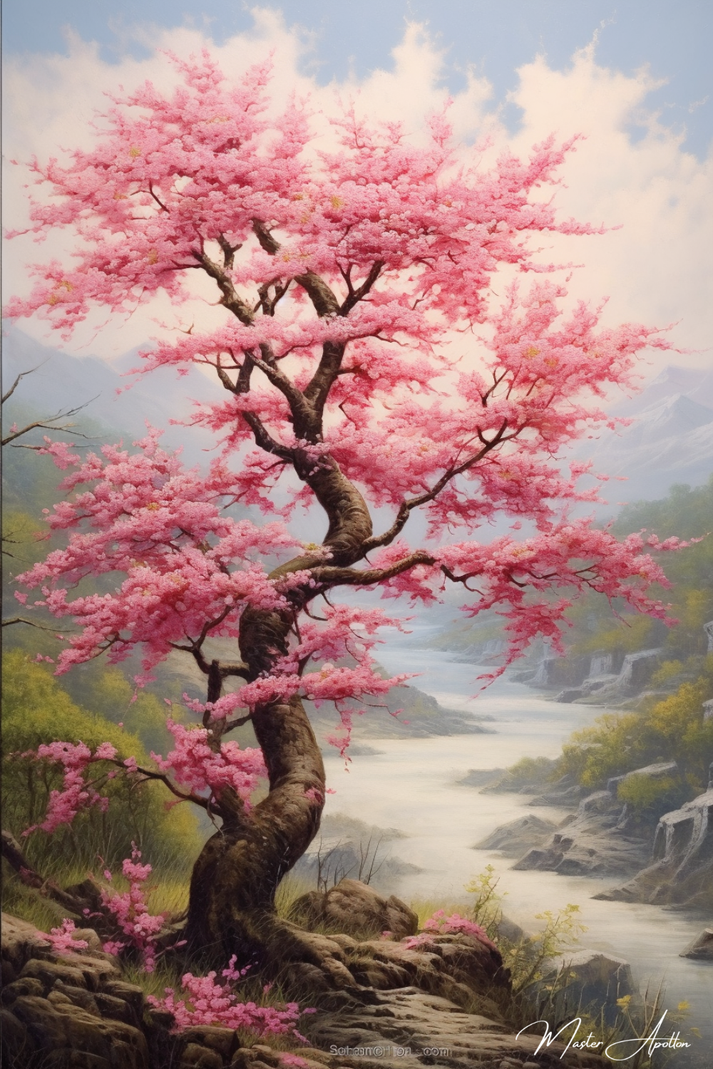 Tableau arbre cerisier japonais et rivière