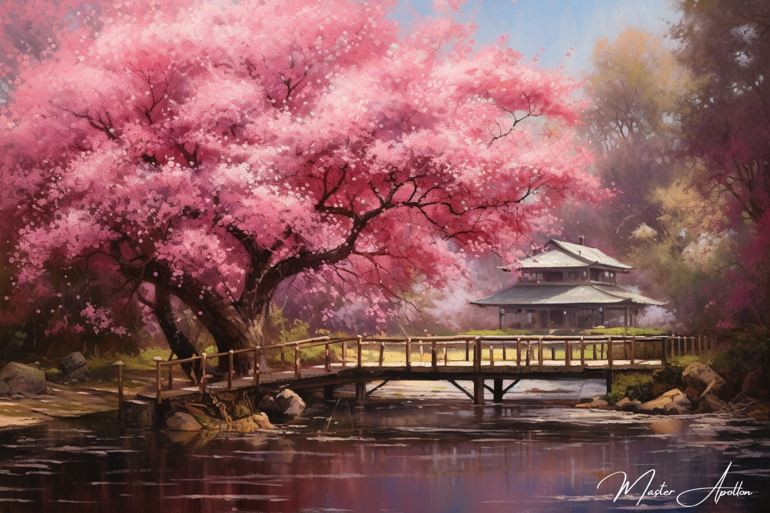 Tableau arbre cerisier japonais temple