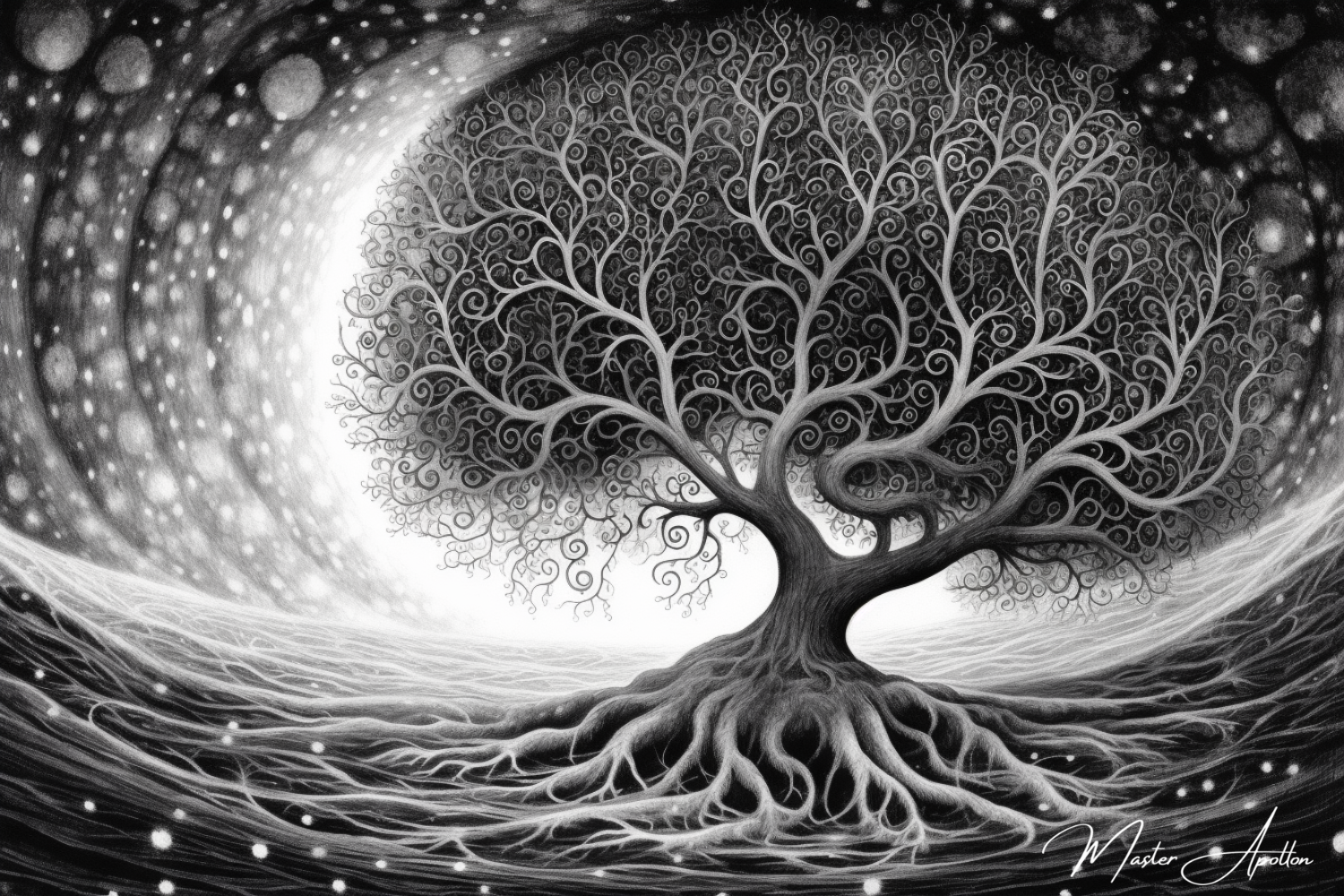 Tableau arbre de vie noir et blanc univers