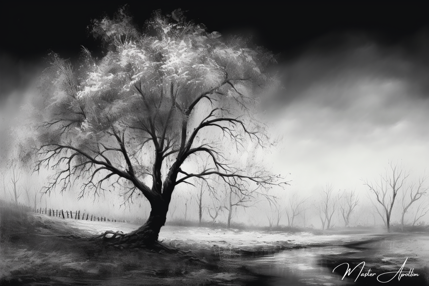 Tableau arbre noir et blanc prairie