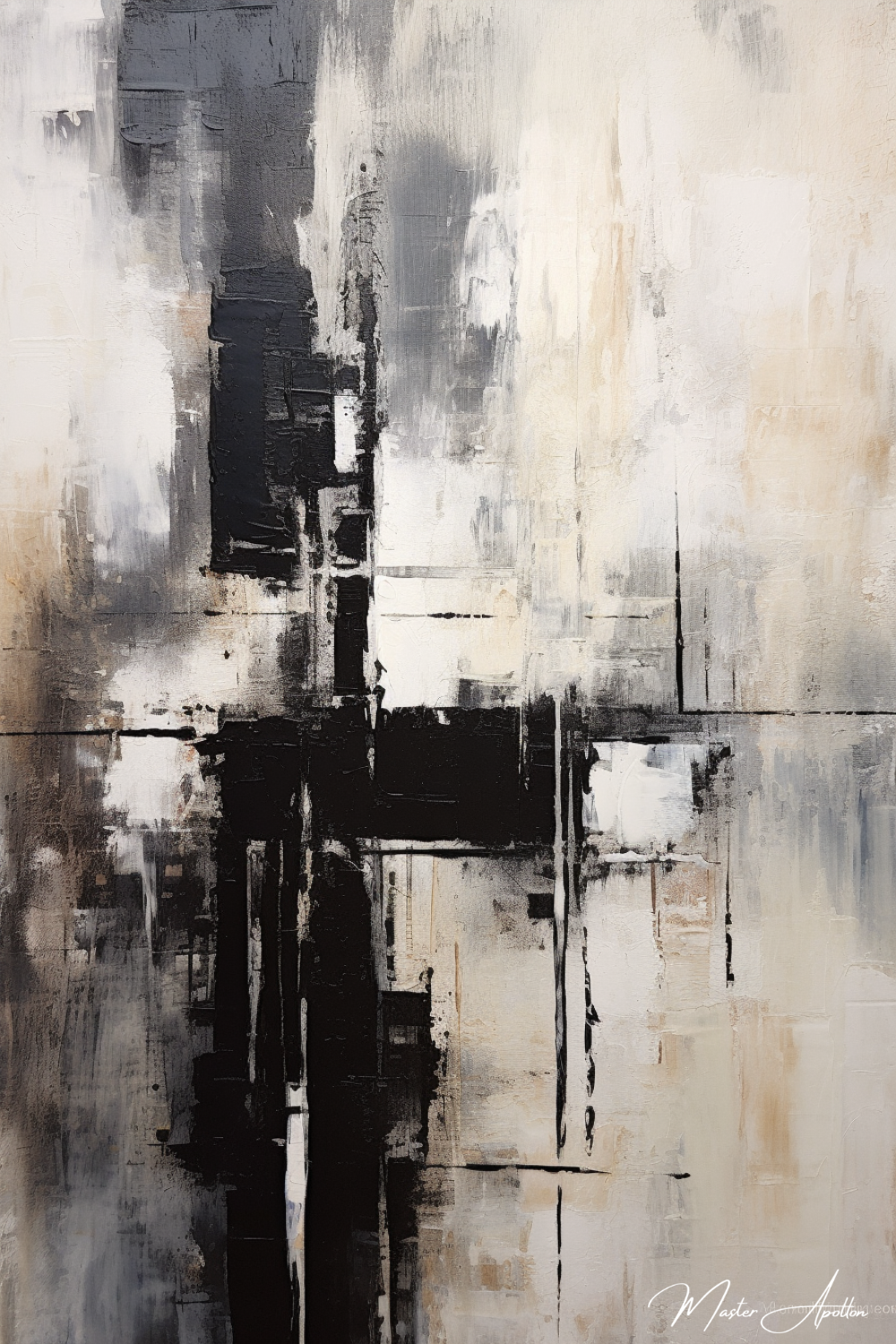 Tableau contemporain abstrait noir et blanc horizon