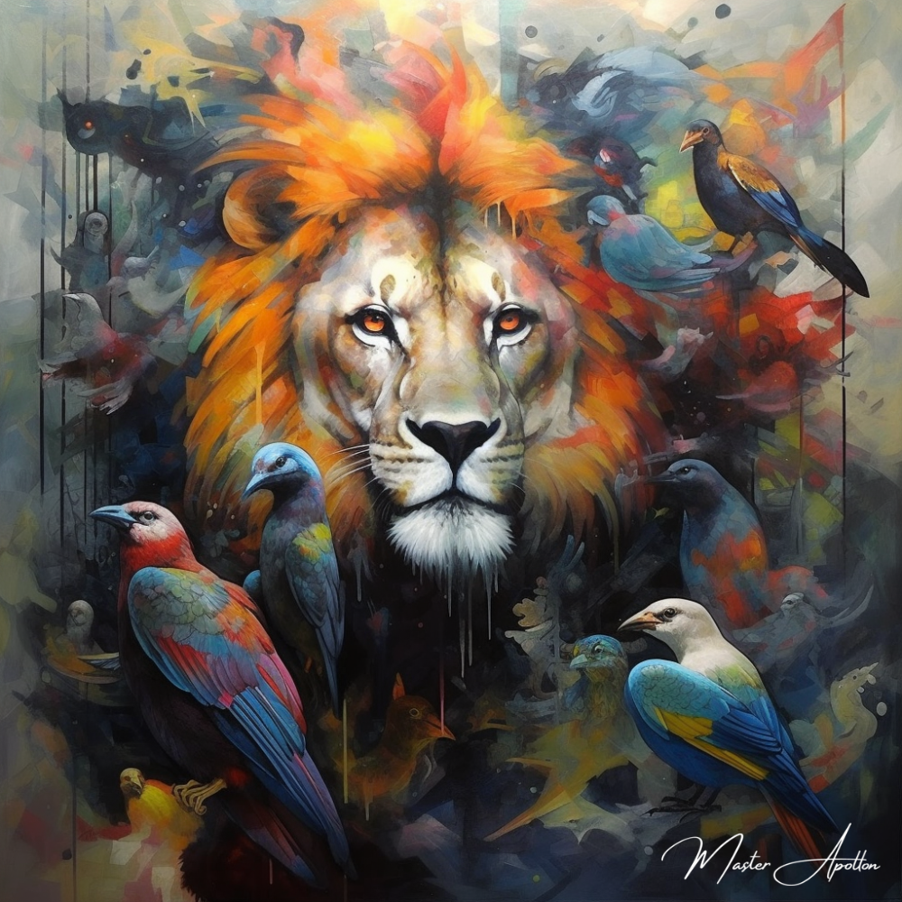 Tableau contemporain animaux lion et oiseau