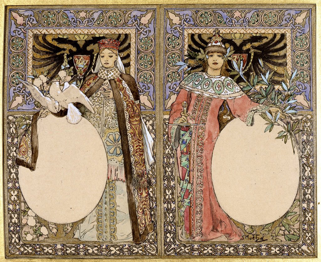 Illustration de livre avec des femmes en costume traditionnel - Mucha