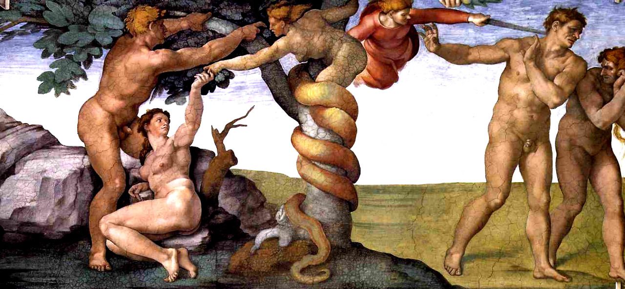 Péché et expulsion du paradis. Peinture de la chapelle Sixtine à Rome - Michel-Ange