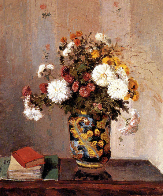 Chrysanthèmes dans un vase de porcelaine de porcelaine - Camille Pissarro