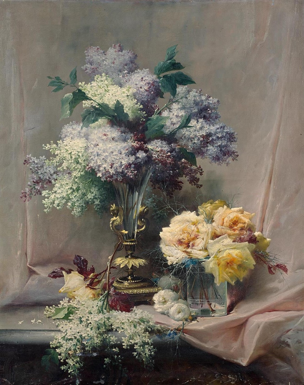 Bouquet de lilas et de roses sur une table - Eugène Bidau