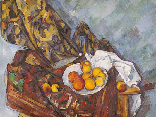 Nature morte avec le rideau fleuri et l'assiette de fruits - Paul Cézanne