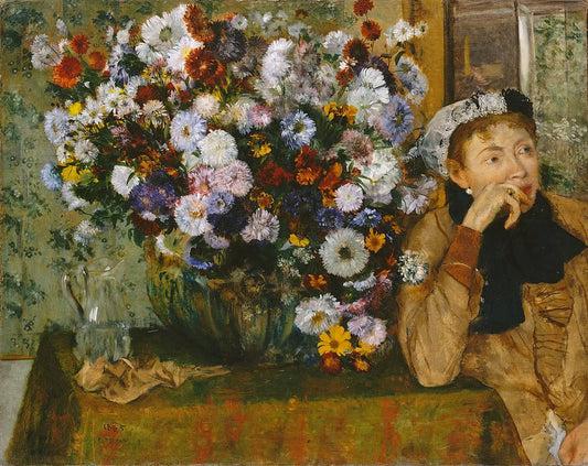 Femme assise à côté d'un vase de fleurs - Edgar Degas