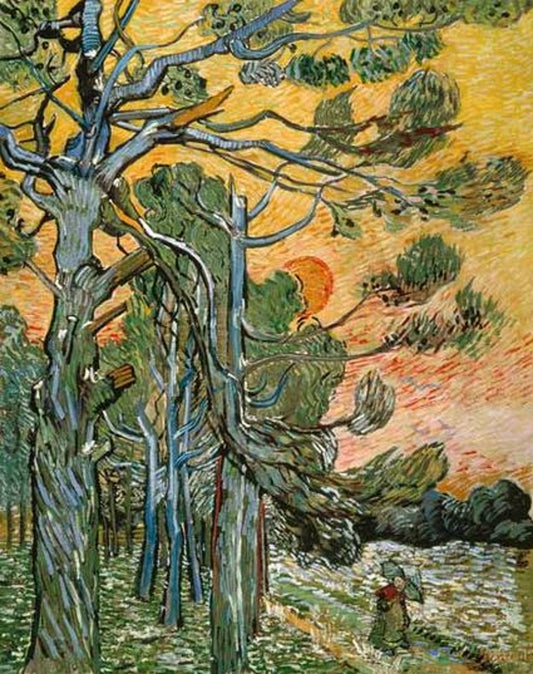 Pins sous le soleil couchant et le personnage féminin - Van Gogh