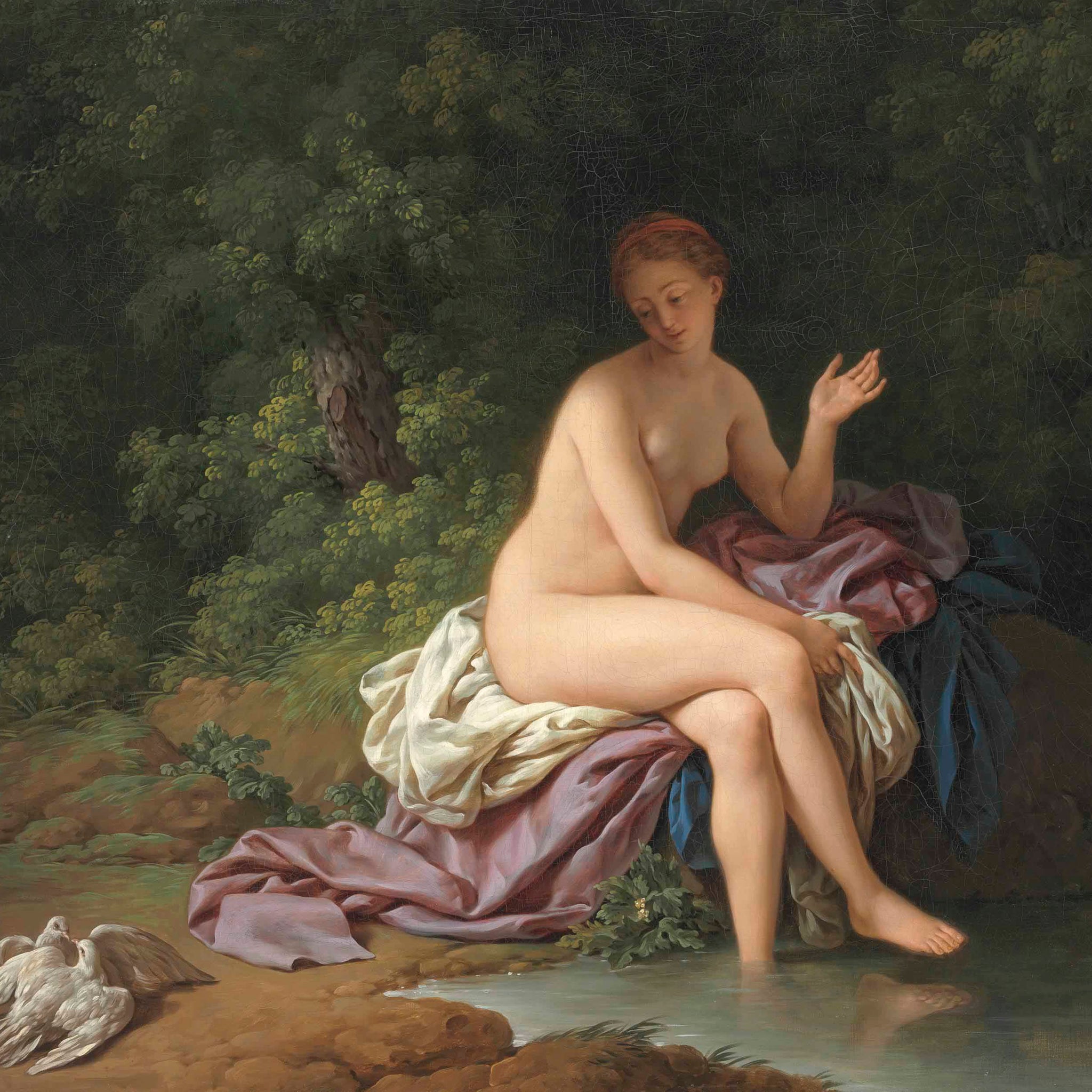 Une dame se baignant au bord d'une rivière, avec deux tourterelles - Louis Jean François Lagrenée