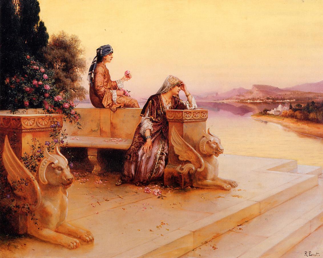Femmes arabes élégantes sur une terrasse au coucher du soleil - Rudolf Ernst