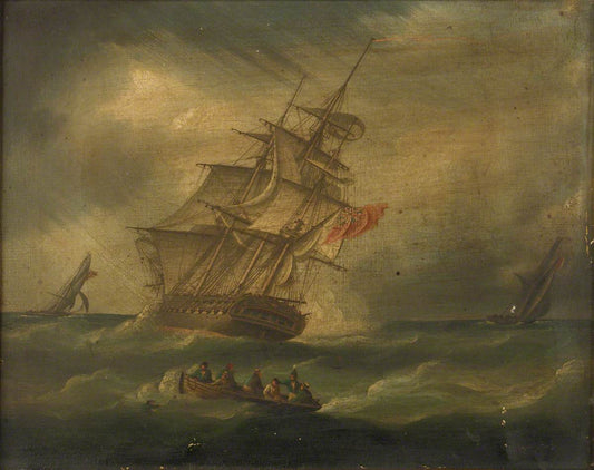 Une frégate et un cotre naval pourchassant un cotre français, avec un bateau récupérant un homme à la mer - James E. Buttersworth