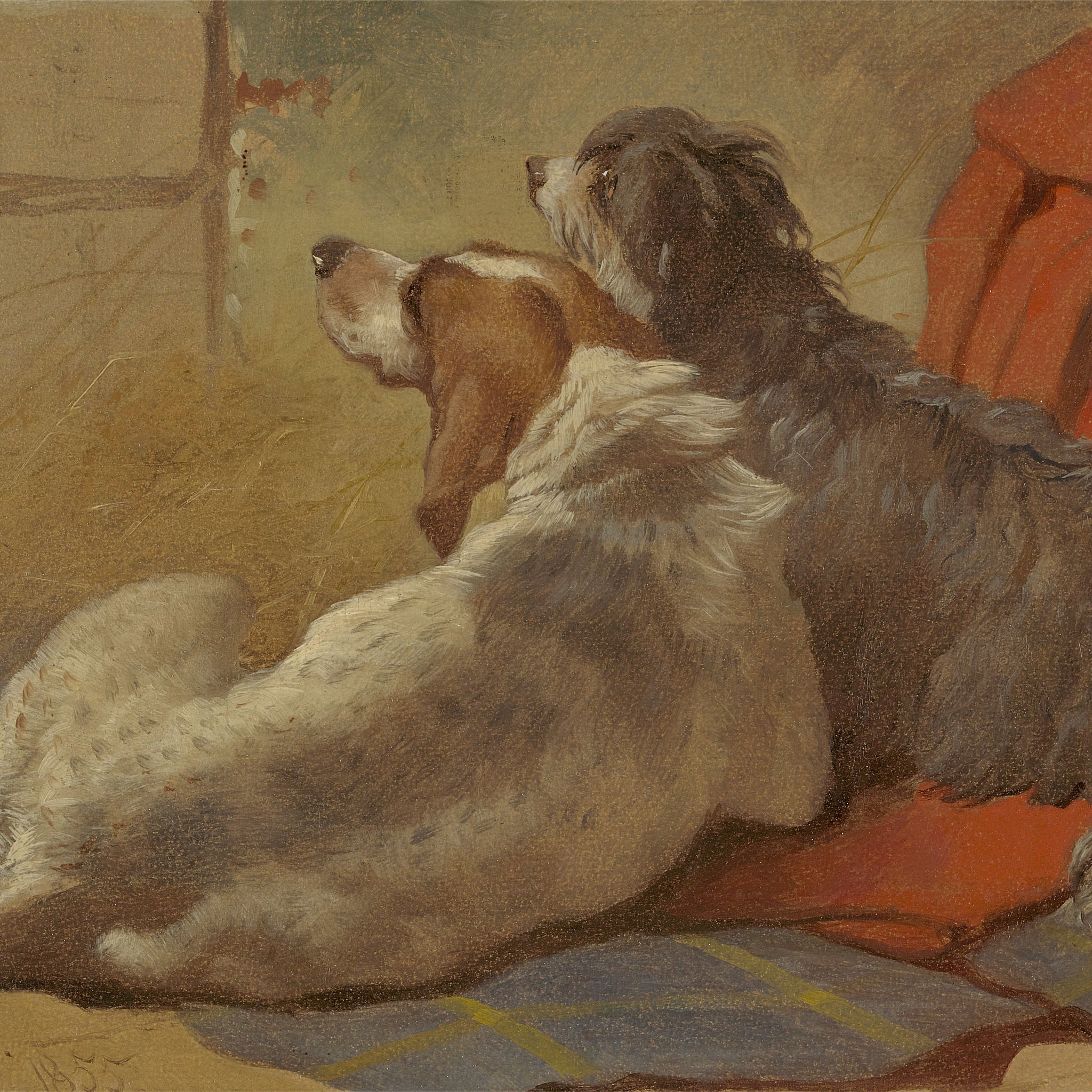 Un chien courant et un colley barbu assis sur un manteau de chasse - John Frederick Herring Snr