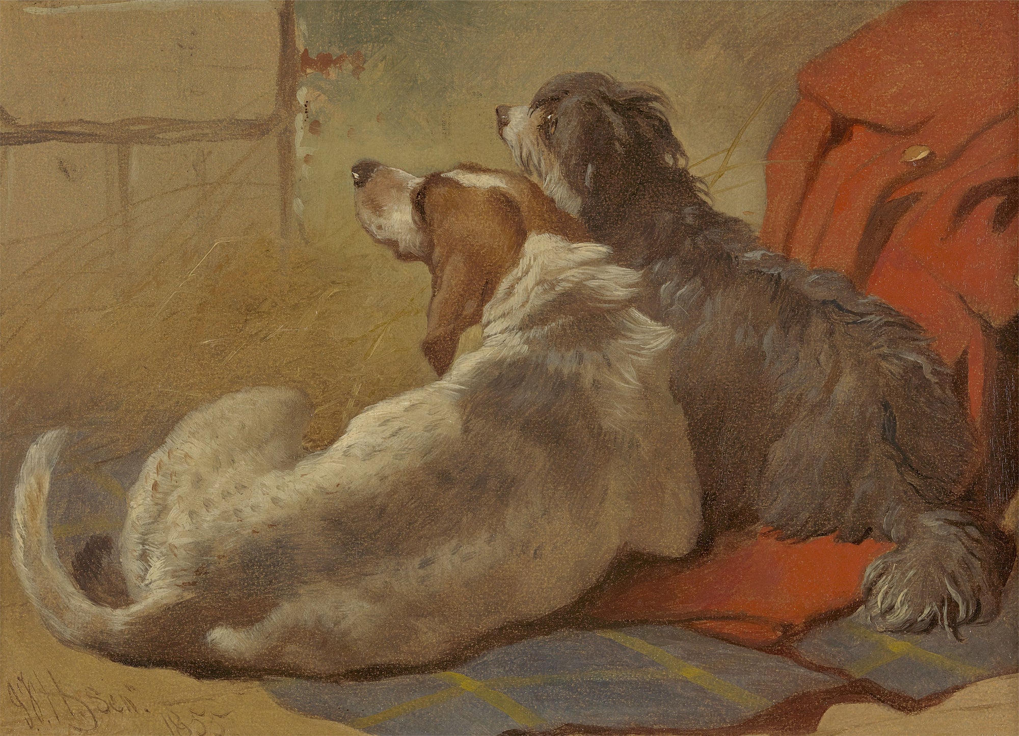 Un chien courant et un colley barbu assis sur un manteau de chasse - John Frederick Herring Snr