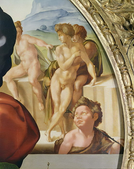La Sainte Famille avec Saint Jean (Doni Tondo) montrant des personnages nus en arrière-plan - Michel-Ange