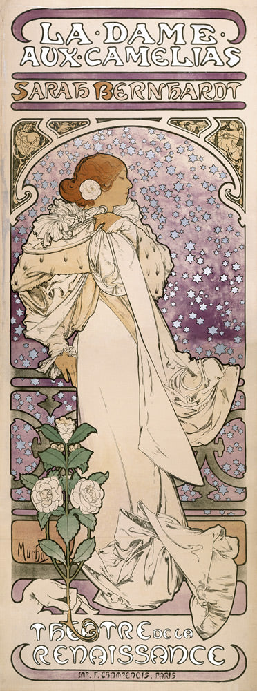 Affiche de la pièce La Dame aux Camélias de A. Dumas au Théâtre de la Renaissanse - Mucha