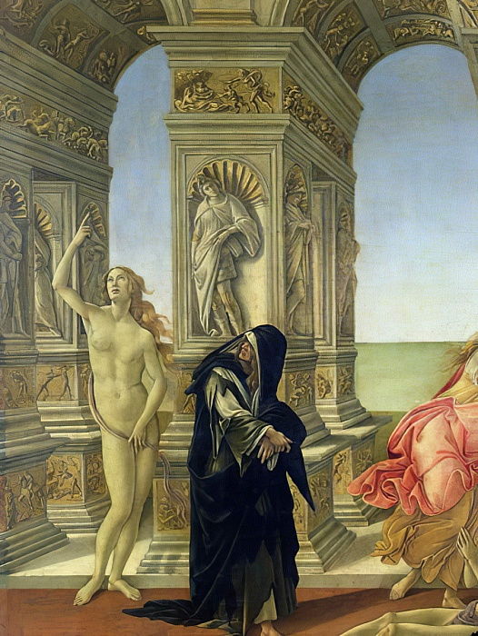 La Calomnie d'Apelles ; détail montrant la figure nue de la Vérité pointant vers le ciel et la Pénitence vêtue d'un habit dominicain en loques, 1497-98 détail de 31582 - Sandro Botticelli