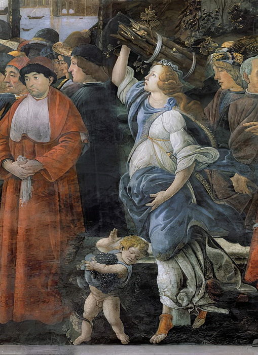 La purification du lépreux et la tentation du Christ, dans la chapelle Sixtine : détail de la femme portant du bois et du petit garçon portant des raisins, fresque de 1481 - Sandro Botticelli