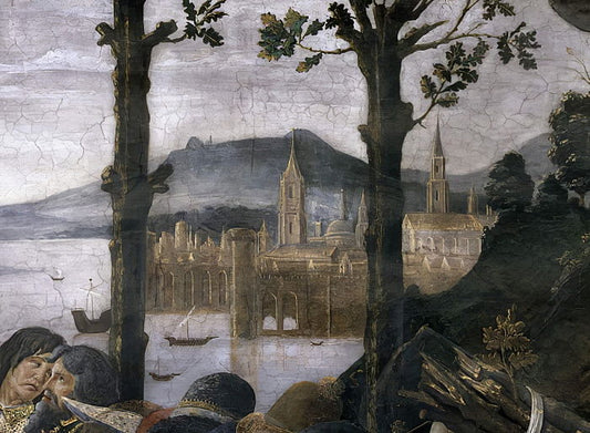 La Purification du lépreux et la Tentation du Christ, dans la Chapelle Sixtine : détail d'une ville portuaire imaginaire dans un paysage, fresque de 1481 de Sandro Botticelli