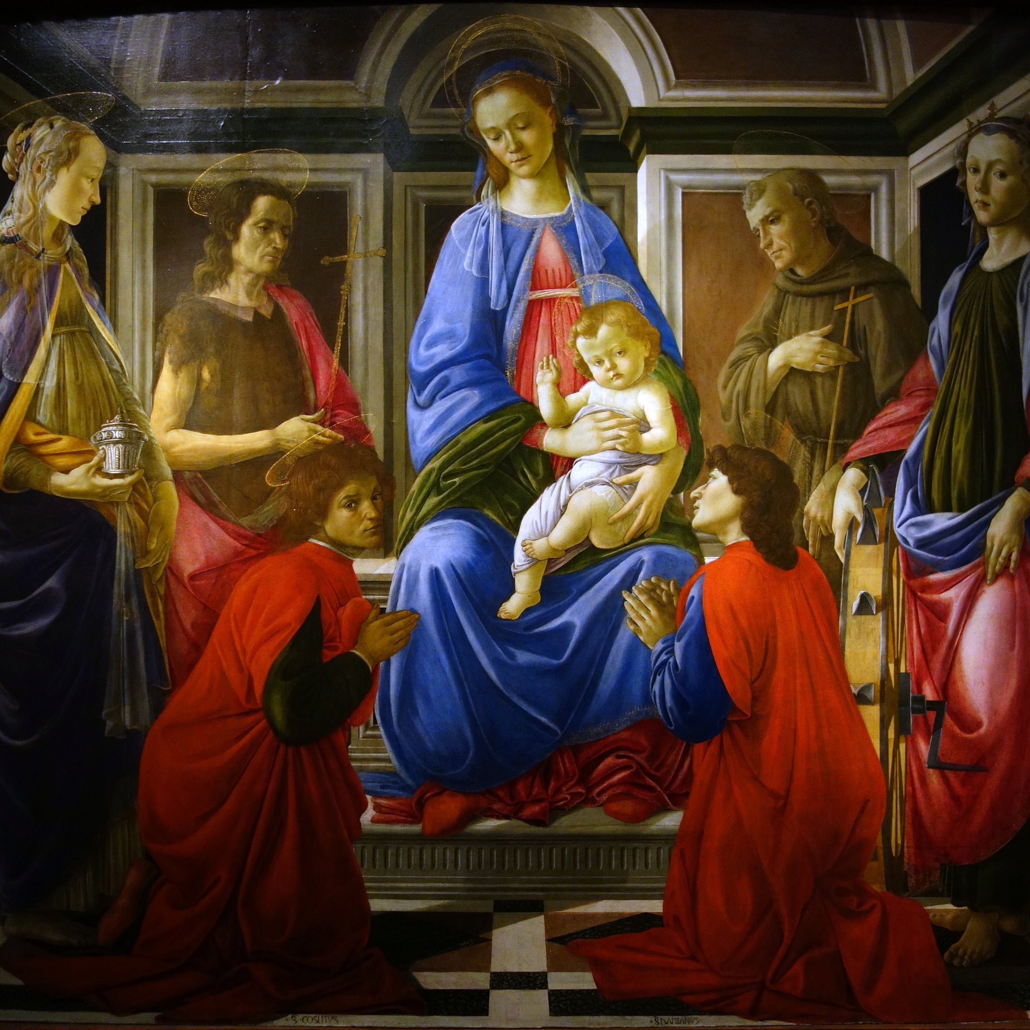 Vierge à l'Enfant avec les SS. Marie-Madeleine, Jean-Baptiste, Cosme, Damien, François et Catherine, vers 1470-72 - Sandro Botticelli