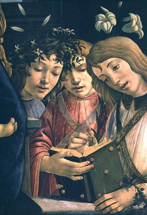Madone et enfant avec le jeune saint Jean-Baptiste et des anges : détail montrant trois anges - Sandro Botticelli