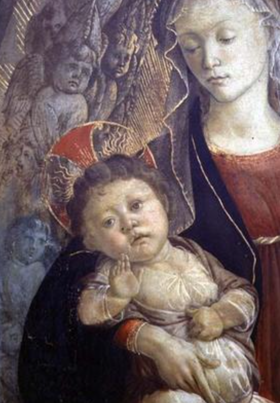 La Vierge et l'Enfant en gloire, détail de l'Enfant, 1468 (tempera sur panneau) (détail de 85673) - Sandro Botticelli