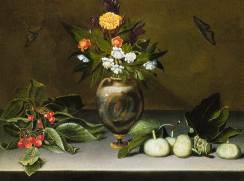 Vase avec des fleurs, cerises, figues et deux papillons - Caravage