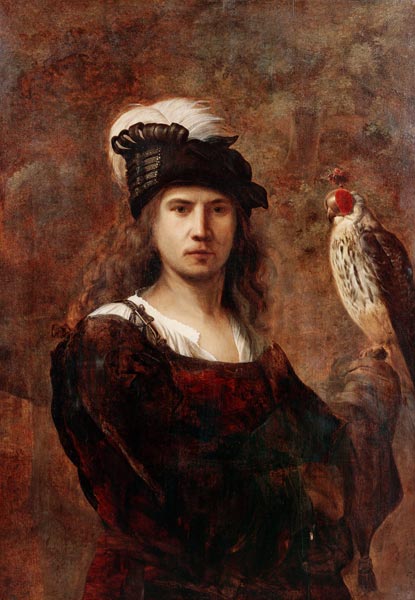 Un fauconnier, debout à mi-longueur, avec un chapeau à plumes - Rembrandt van Rijn