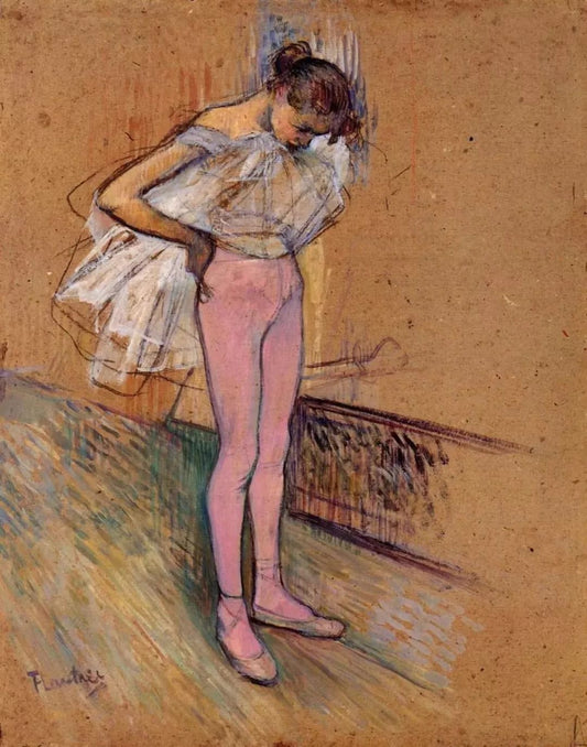 Une danseuse ajustant son justaucorps - Toulouse Lautrec