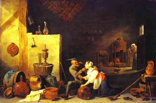 Un vieux paysan caresse une bonne de cuisine dans une étable - David The Younger Teniers