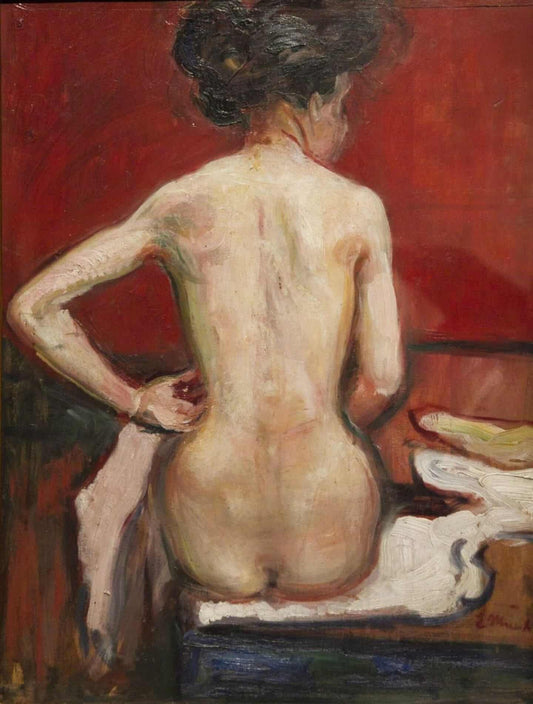 Vue de dos d'un nu féminin assis sur fond rouge - Edvard Munch