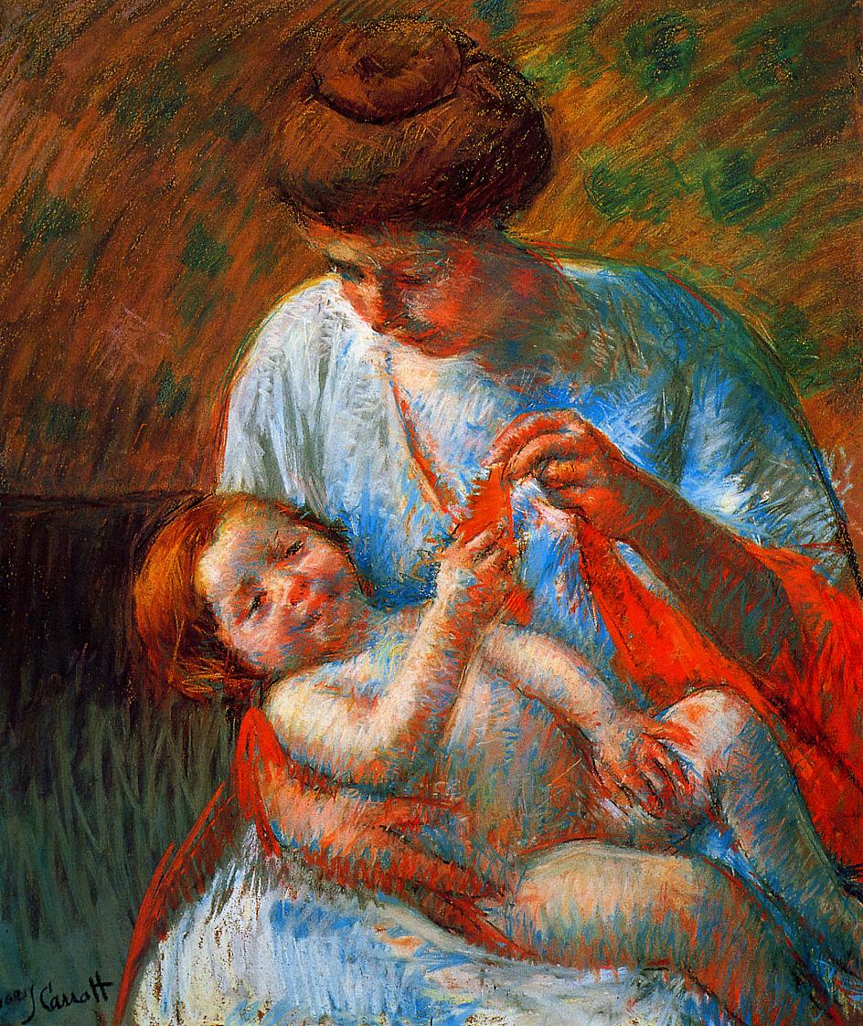 Bébé allongé sur les genoux de sa mère, tendant la main pour tenir un foulard - Mary Cassatt