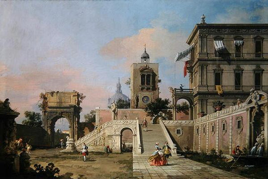 Capriccio de deux volées de marches menant à un palazzo, vers 1750 (huile sur toile) - Giovanni Antonio Canal