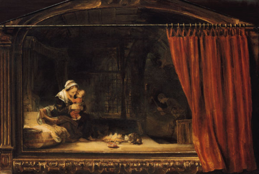 La Sainte Famille avec un rideau - Rembrandt van Rijn