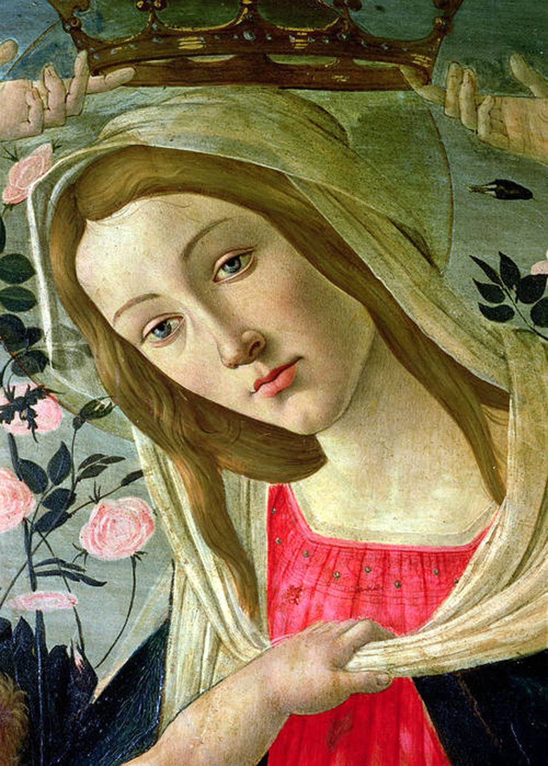 Vierge et enfant couronnés d'anges, détail de la Vierge - Sandro Botticelli