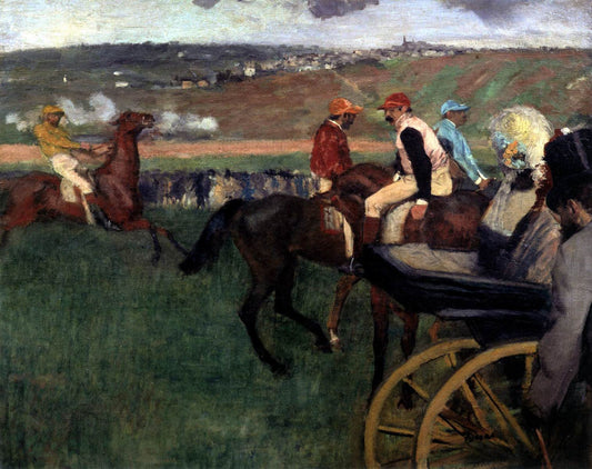 L'hippodrome - Jockeys amateurs près d'une voiture - Edgar Degas