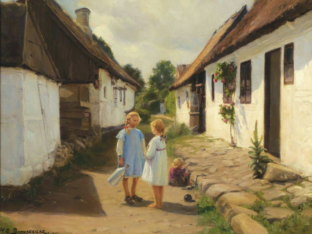 Deux enfants dans une rue de village - Hans Andersen Brendekilde