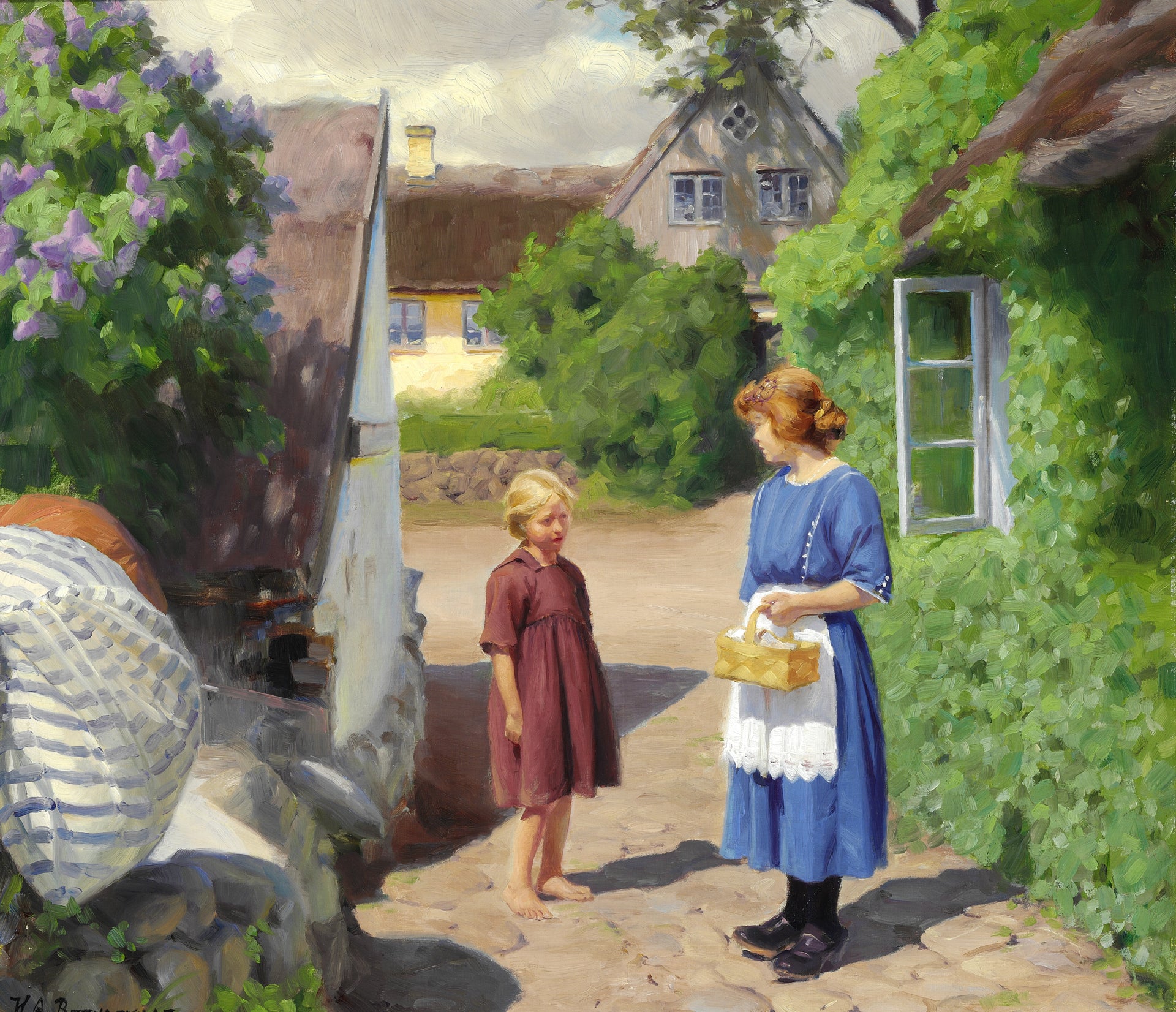 Journée d'été à Jyllinge. Lilas en fleurs et petites filles dans la rue du village - Hans Andersen Brendekilde