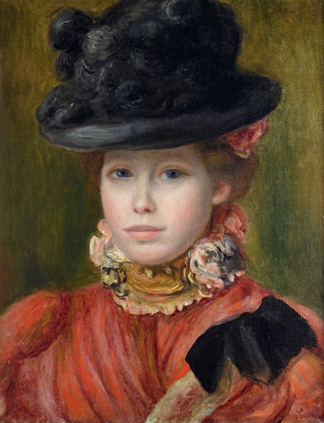 Fille au chapeau noir avec des fleurs rouges - Pierre-Auguste Renoir