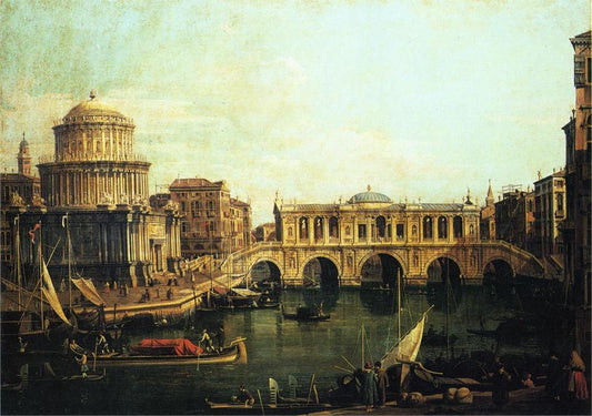 Capriccio du Grand Canal avec un pont imaginaire du Rialto et d'autres bâtiments - Giovanni Antonio Canal