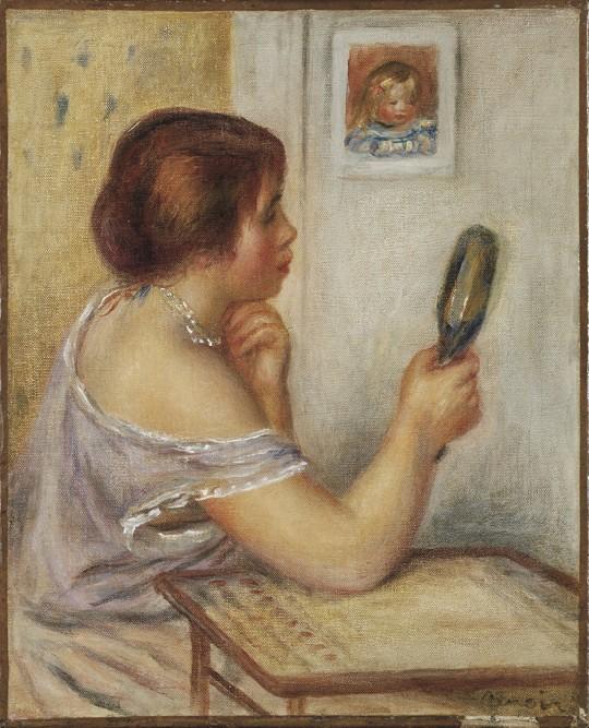 Marie Dupuis tenant un miroir avec un portrait de Coco - Pierre-Auguste Renoir