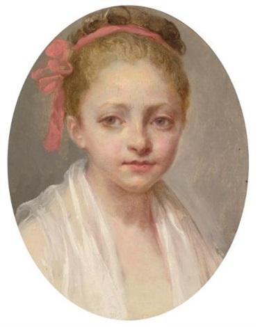 Portrait d'une jeune fille, tête et épaules, portant une chemise blanche, un ruban rouge dans les cheveux - Nicolas Bernard Lépicié