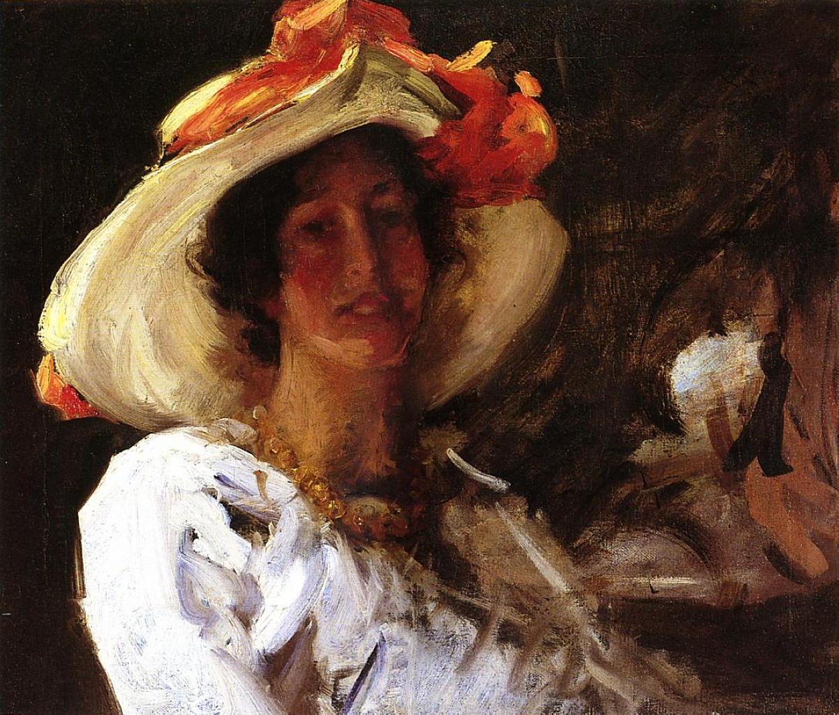 Portrait of Clara Stephens Wearing a Hat with an Orange Ribbon - William Merritt Chase
