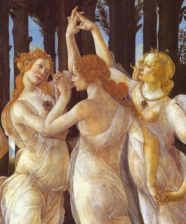 Primavera (Allégorie du printemps). Détail : Les Trois Grâces, à droite - Portrait de Caterina Sforza - Sandro Botticelli
