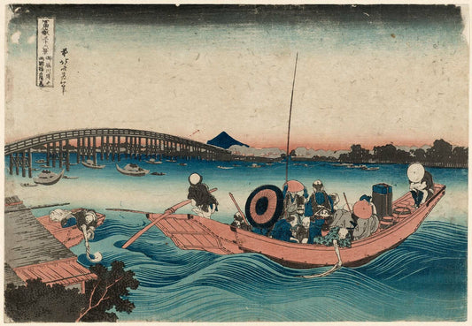 hokusai contemplant le coucher de soleil sur le pont ryōgoku depuis le quai onmayagashi (onmayagashi yori ryōgokubashi sekiyō o miru), de la série trente-six vues du mont fuji (fugaku sanjūrokkei) - Katsushika Hokusai